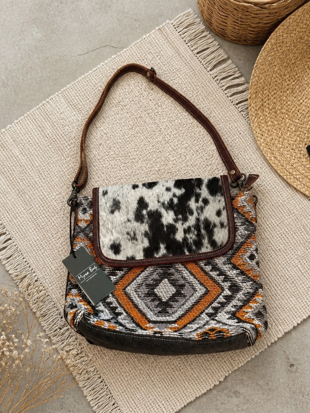 Harlow Brown, Black & White Aztec Shoulder Bag with Flap